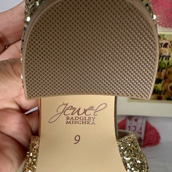 NWB Badgley Mischka Jewel Cook Metallic Gold Glitter Evening Sandals Size 9 - Picture 7 of 11